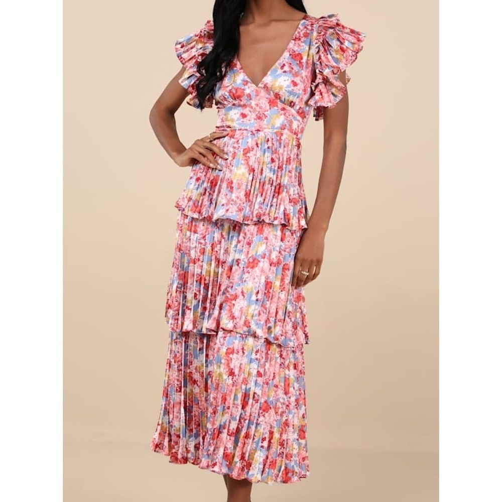 Lulu's Stunning Desire Multi Floral Satin Pleated Tiered Midi Dress XL